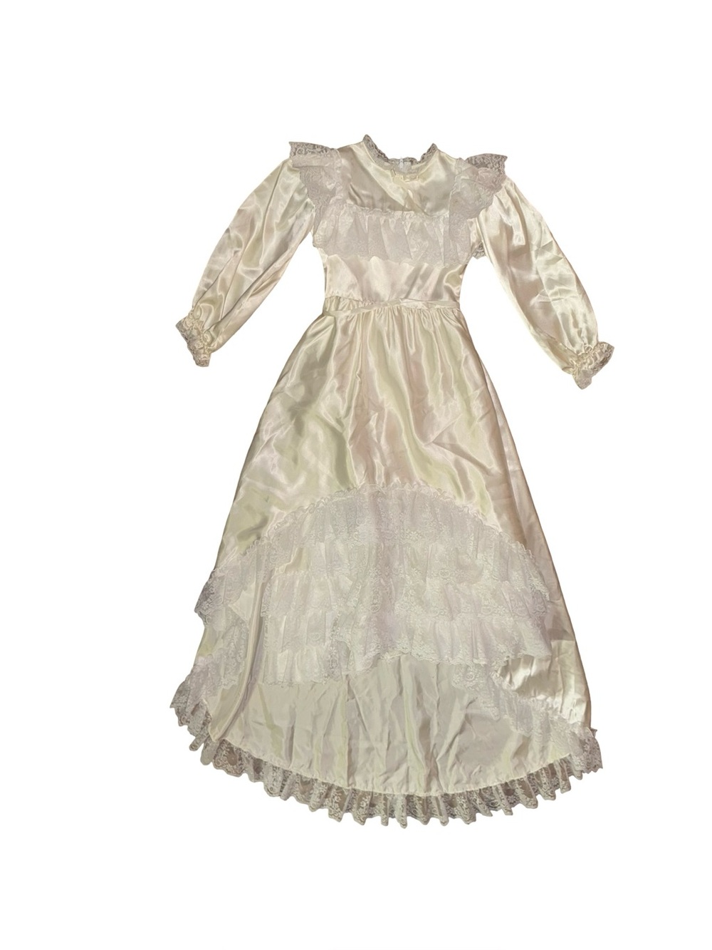 Vintage Girls Ivory Satin Lace Maxi Dress | Victorian Prairie Flower Girl Dress